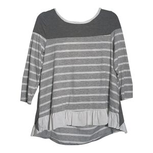 Umgee Small Gray/White Striped Shirt Ruffle Hem Back Tie Romantic Feminine Boho